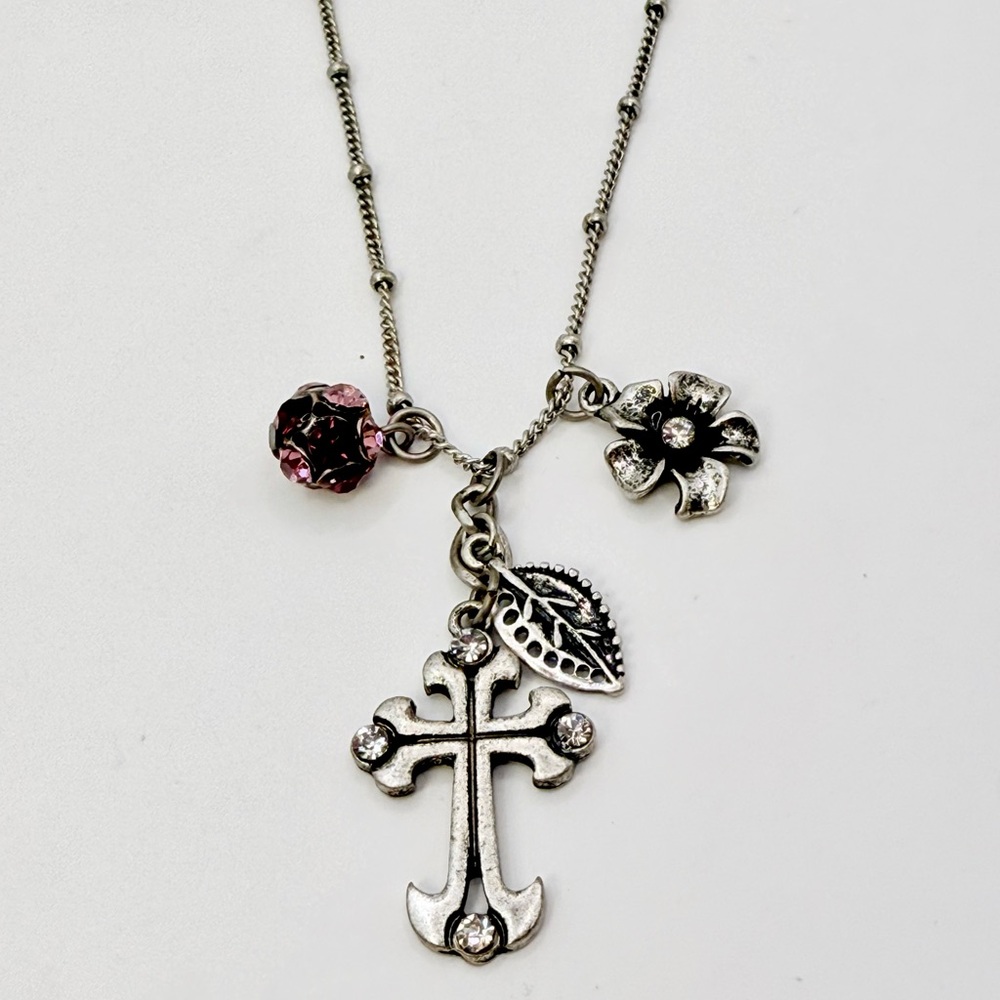 Vintage VCLM Rhinestone Cross 15-17" Necklace Silver Tone